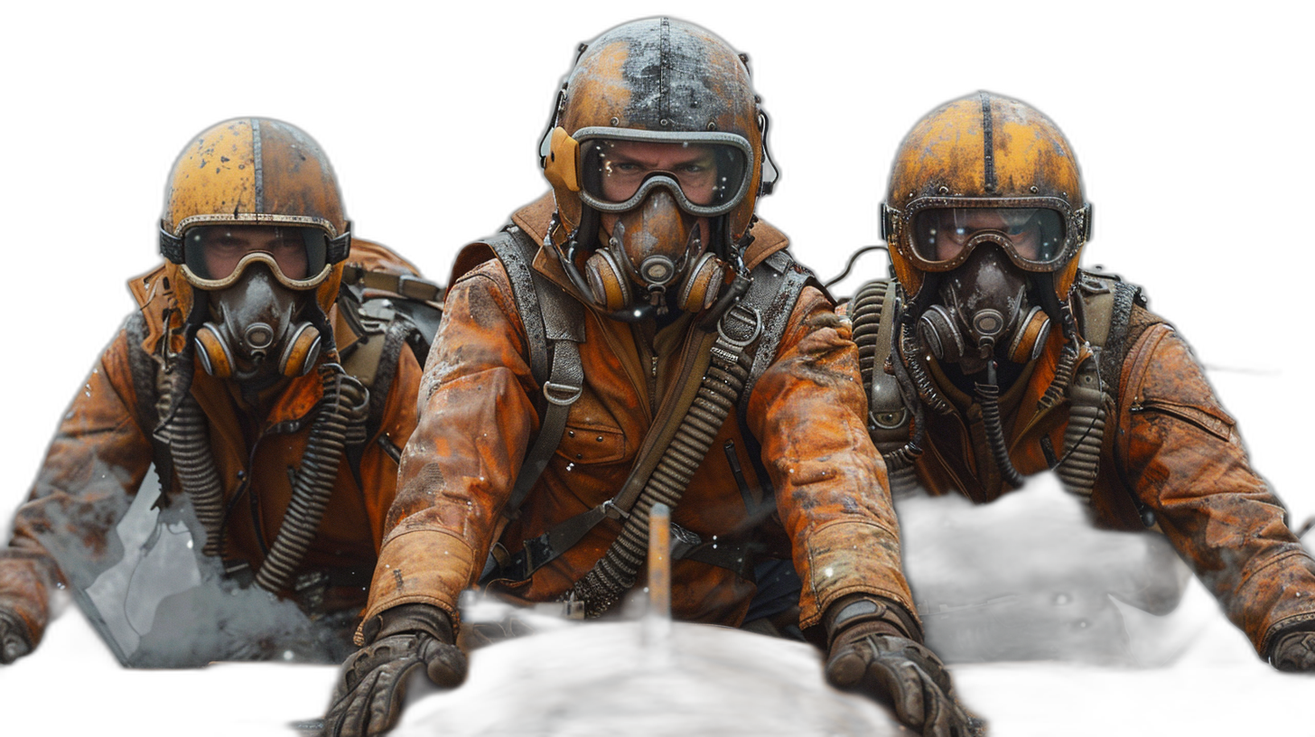 Three Soviet soldiers wearing orange leather jackets and gas masks, sitting on the back of an ice plane against an isolated black background, in the style of hyper realistic game art.