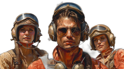 three people in pilot gear, airsoft headsets, one man and two women, wearing peach colored flight suits with dark brown leather accents, all three have long hair, black background, detailed realistic painting