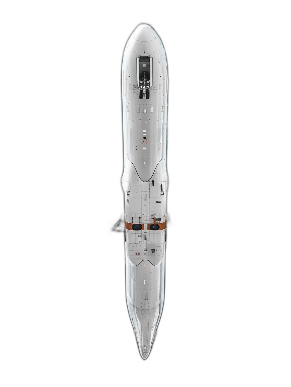 A white spaceship with orange details, standing upright on its side, seen from above against a black background, 3D render in the minimalistic style, top view without perspective or shadows, hyperrealistic in the style of high resolution photography with high detail, a super realistic photo.