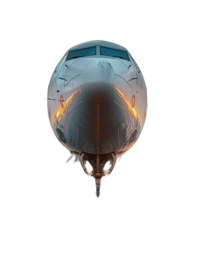 a photograph of the front end of an airplane with lights on, isolated against black background, symmetrical, cinematic, hyper realistic