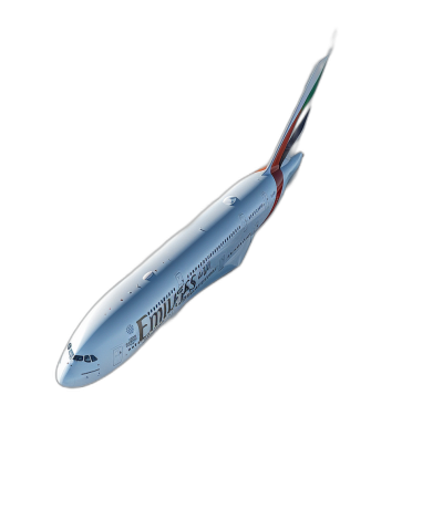 A photorealistic rendering of an Emirati airplane flying against a black background, with the 'emharFER' text on its side. The white plane has red, green, and blue colors on its tail wing. It is flying at a low altitude, captured from above to emphasize the size and shape of it.