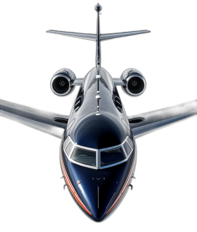 photorealistic photo of an business jet, view from above, black background, with a red and blue stripe on the body