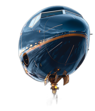 A hyperrealistic photo of an airship with the shape and color of boeing's735, taken from inside looking out at its nose, on black background, full body shot, high angle view, ultra realistic, cinematic