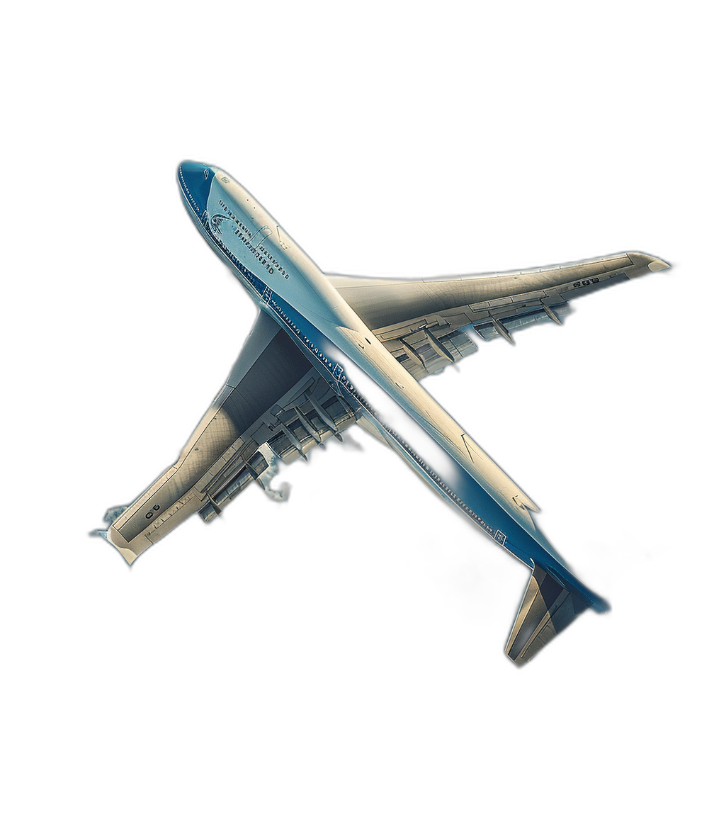 A complete Boeing airplane flying through the air in an isometric view, with a blue and white color scheme against a black background. The 3D rendering shows ultrafine details and precise contours of parts, with professional, high quality photography in a studio lighting style that makes it look super realistic and high definition.