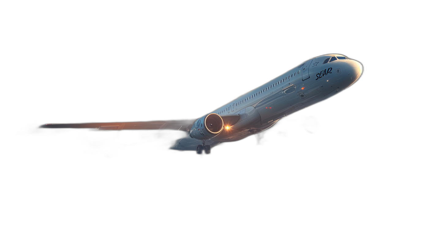 Side view of a white airbus plane flying at night against a black background in a photorealistic, hyperrealistic style. The camera angle looks upwards from the side in a close up view. The lights inside the airplane glow orange as it flies upwards.