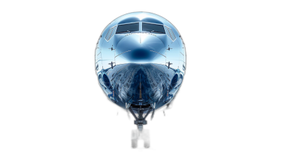 A photo of the front view of an airplane with its windows reflecting in it's polished chrome exterior, against black background, shot from above, symmetry, symmetrical composition, ultra realistic photography, hyperdetailed rendering, cinematic lighting, high resolution photography