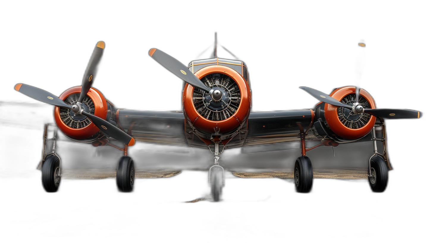 front view of an old plane with three prop Towers, orange and black, isolated on dark background, detailed photography