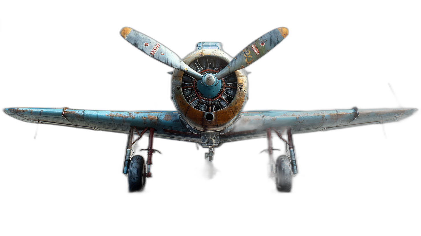 World War II airplane, symmetrical composition, frontal view, high contrast, isolated on a black background, with worn and rusted propellers, blue color scheme, in the style of digital art, fantasy illustration, cinematic lighting, ultra detailed, high resolution.