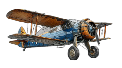 3D render of an old biplane, isolated on a black background, ultra realistic and highly detailed photography in the style of blue with orange details