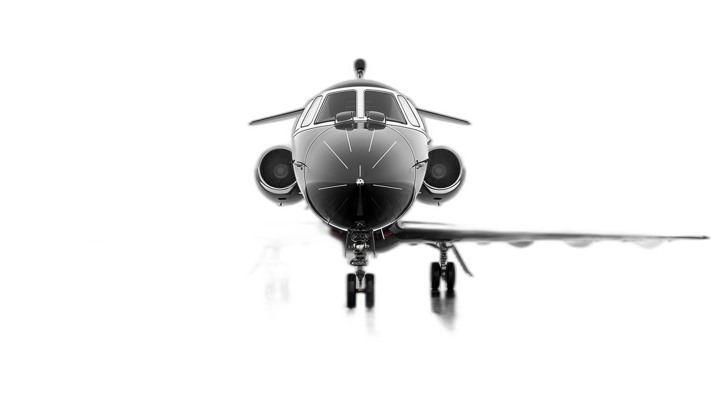 black background, a white small private jet shown in a symmetrical composition with a frontal view, depicted in the style of hyper realistic photography