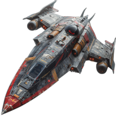 A small starship with detailed texture in red and gray colors against a black background in the style of Star Wars. It has wings on the sides of its body with two engines at each wing's tip, as well as multiple windows along one side. The overall shape is similar to an XVS style spaceship. There should be no visible text or numbers on any part of the ship.