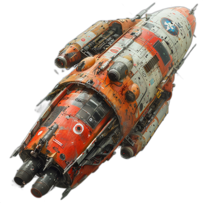 A small spaceship with three main engines, shown from above, in a detailed 3D game art style. The design includes high resolution colors of red, white and orange against a dark background, in the style of Game of Thrones. Another version features a black background with high detail.