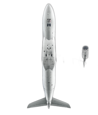 A white space rocket, with the tail fin on one side and an engine at both ends, is displayed in front of a black background. The view from above shows its complete shape. It has clear details and high resolution. In the center of it all lies a silver sculpture with exquisite craftsmanship. High definition photography captures every detail.