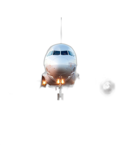 A white passenger airplane in the center of a black background, lights on the plane illuminated, the photo taken from a front side view, a real photograph.