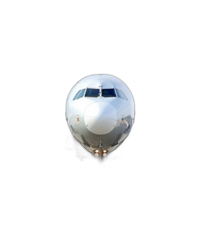 A complete body photo of an airplane on a pure black background, shown from the front view. The photo has a minimalist style with a white and silver color scheme and was taken with ultrahigh definition photography.