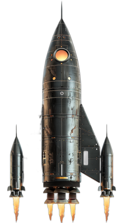 Vintage rocket, 3D render illustration in the style of, black background, symmetrical composition, high resolution, hyper realistic details, detailed texture of the metal surface, flames from engines, spaceship and two small spheres on each side of it, space shuttle, black background, symmetrical design, high detail, hyperrealistic details, isolated on white background, poster art, 2d game art