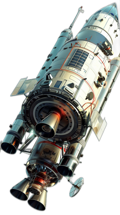 Side view of a spaceship engine in white and silver with red highlights on a black background, concept art in the style of [Ross Tran](https://goo.gl/search?artist%20Ross%20Tran), industrial design, detailed view of a spaceship structure, concept sheet showing a spaceship engine in white metallic material, isometric view.