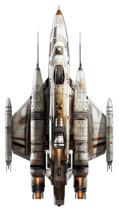 concept art of spaceship, fighter jet inspired by star wars xwing and r2d2, front view, symmetrical, top down view, high detail, hyper realistic, isolated on black background