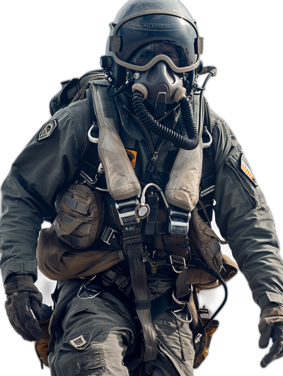 tactical pilot in full gear, helmet and mask on his face, walking pose, full body shot, isolated background, hyper realistic photography