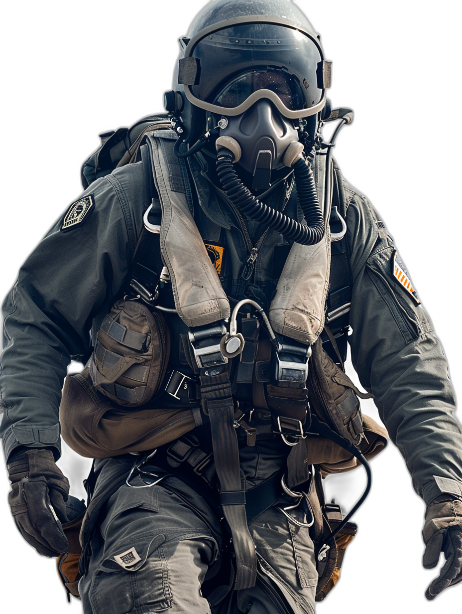 tactical pilot in full gear, helmet and mask on his face, walking pose, full body shot, isolated background, hyper realistic photography