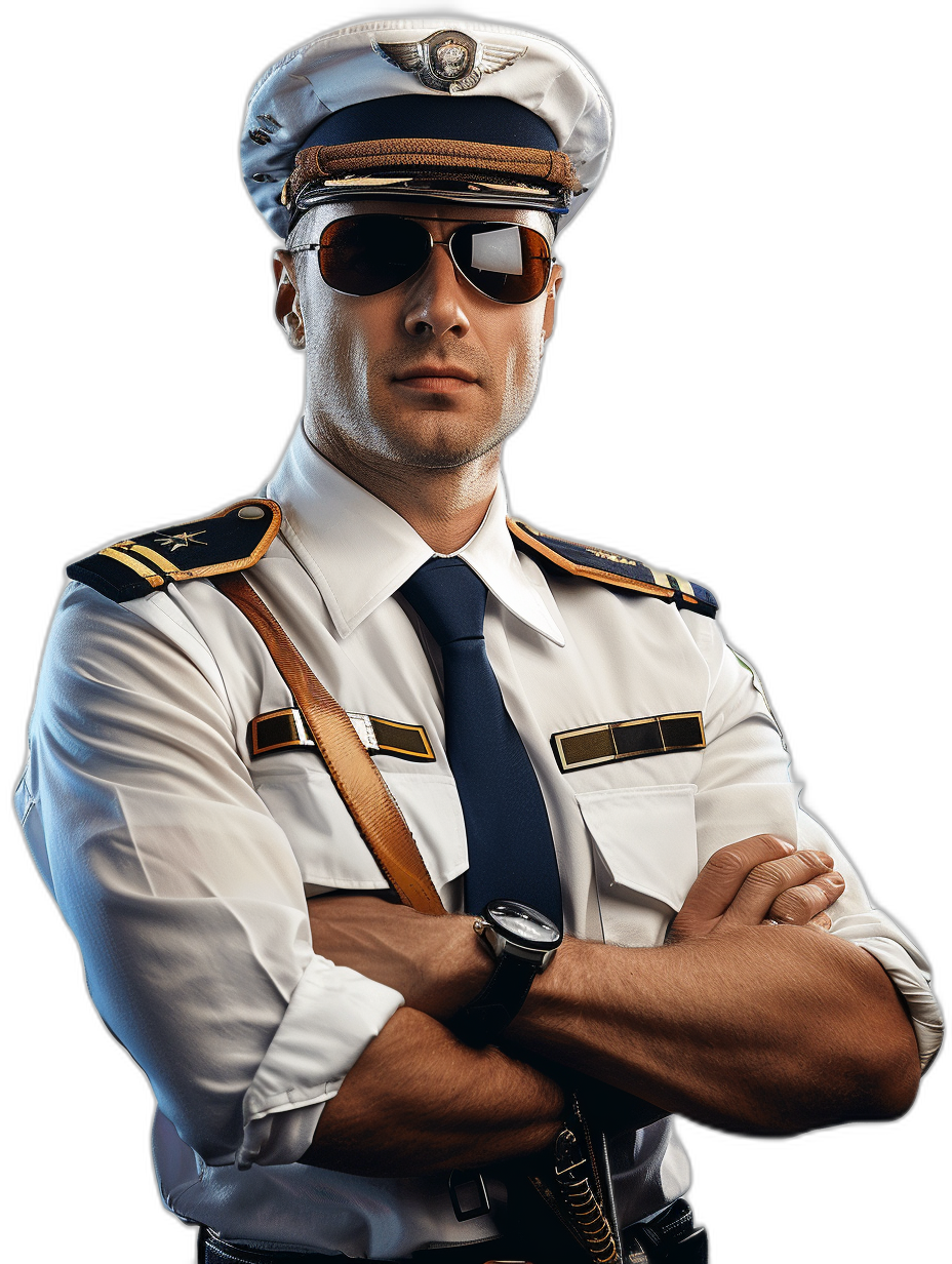 A handsome man in the uniform of an airplane pilot, with sunglasses and cap on his head, stands straight against a black background with a confident pose, his hands crossed over his chest. The style is that of photorealistic hyperdetailed hyperrealism in the style of a professional photo taken with professional lighting and studio lights on a white isolated plain.