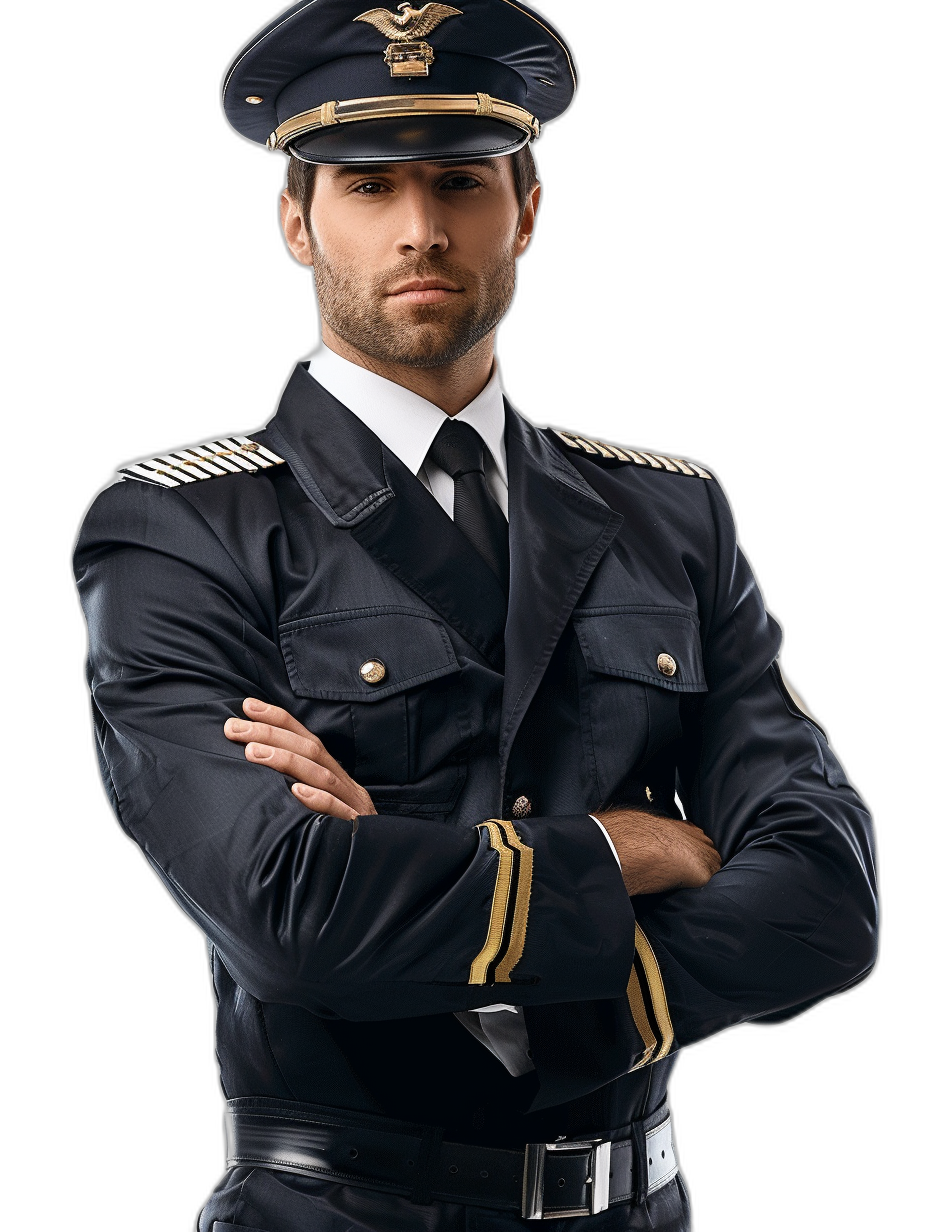 Full body shot of a handsome man in a dark blue pilot uniform, with a white collar trimmed in gold and a black cap, hands crossed on his chest, serious look, isolated against a black background, rendered in a photorealistic style.