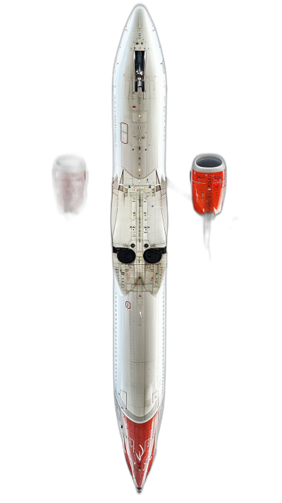 Realistic photograph of an aerial view of a white and red space shuttle with black eyes on the front and two engines on each side, isolated against a solid stark black background with a top down perspective, shot from above with a 35mm lens at f/20, accent lighting to highlight details and global illumination.