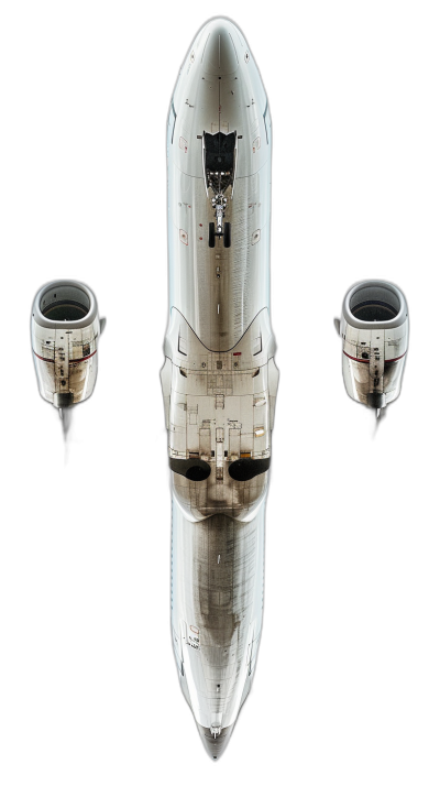 A highly detailed photograph of the top view of an aggressive looking white space shuttle with two engines on each side, floating in black background, cinematic, studio photography, award winning photography by National Geographic magazine photoshoot with dramatic lighting and amazing cinematography, no contrast, soft shadows, clean sharp focus, cinematic photography