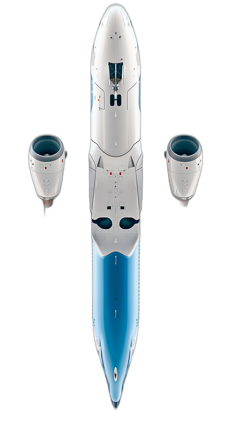 A white and blue space ship with two engines on each side, floating in the air. Black background. Top view.