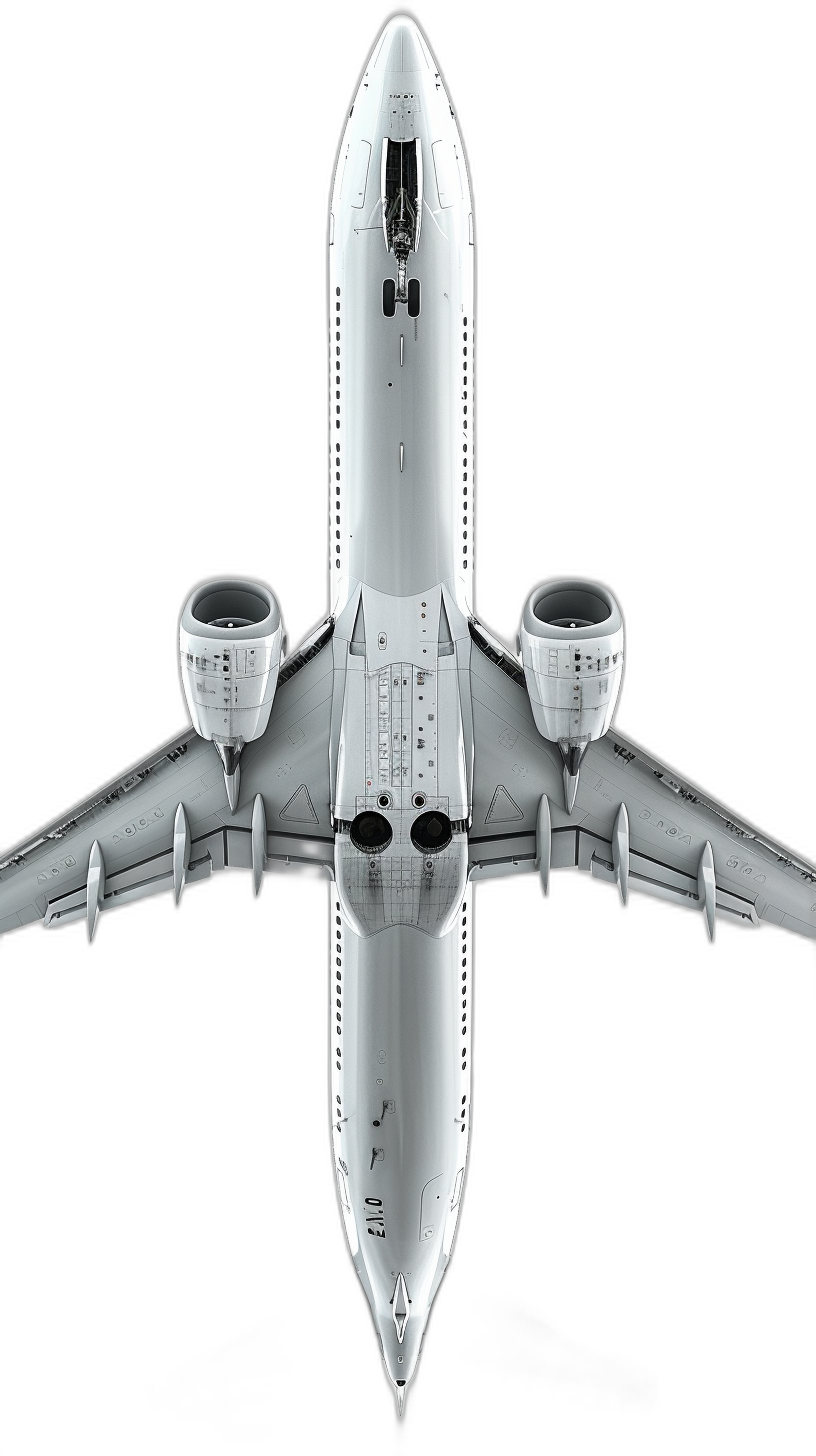 A completely white Boeing airplane in a symmetrical composition viewed from the top against a pure black background in a high resolution photographic style with hyperrealistic details lit in a studio style, a full body shot.