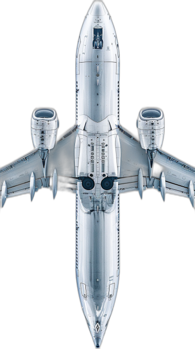 silver boeing airplane, view from above, black background, hyper realistic photography