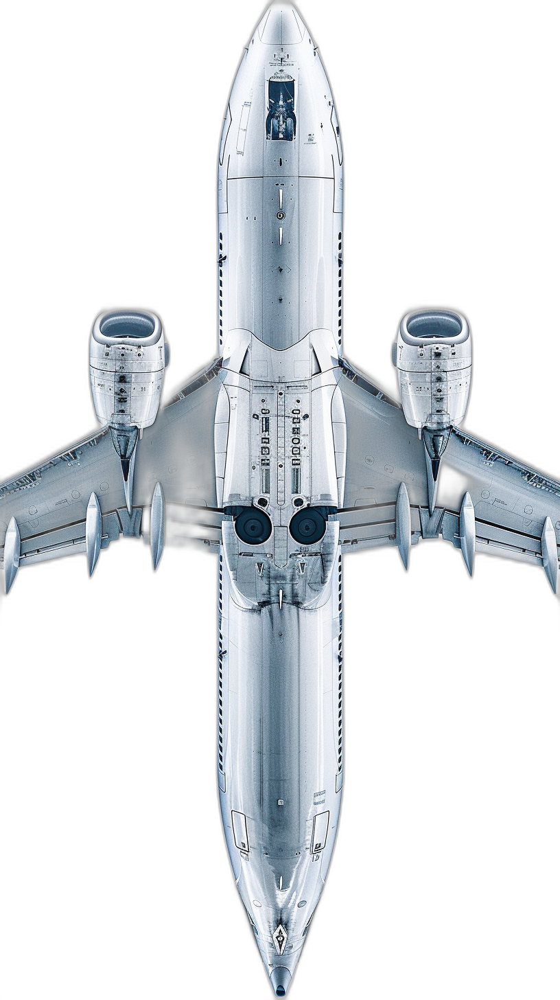 silver boeing airplane, view from above, black background, hyper realistic photography