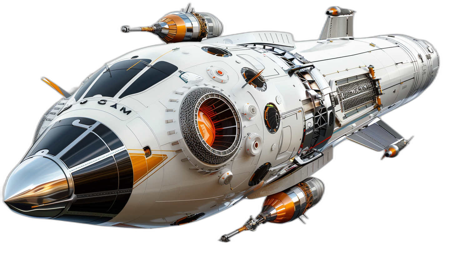 retrofuturistic space ship with rocket engines and large glass windows, detailed white metal panels with orange accents, black background, hyper realistic, concept art style,