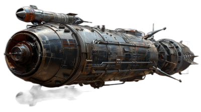 A spaceship engine in the style of detailed concept art, in the style of game of thrones, metal exterior with some rust and scratches on a black background in a side view.