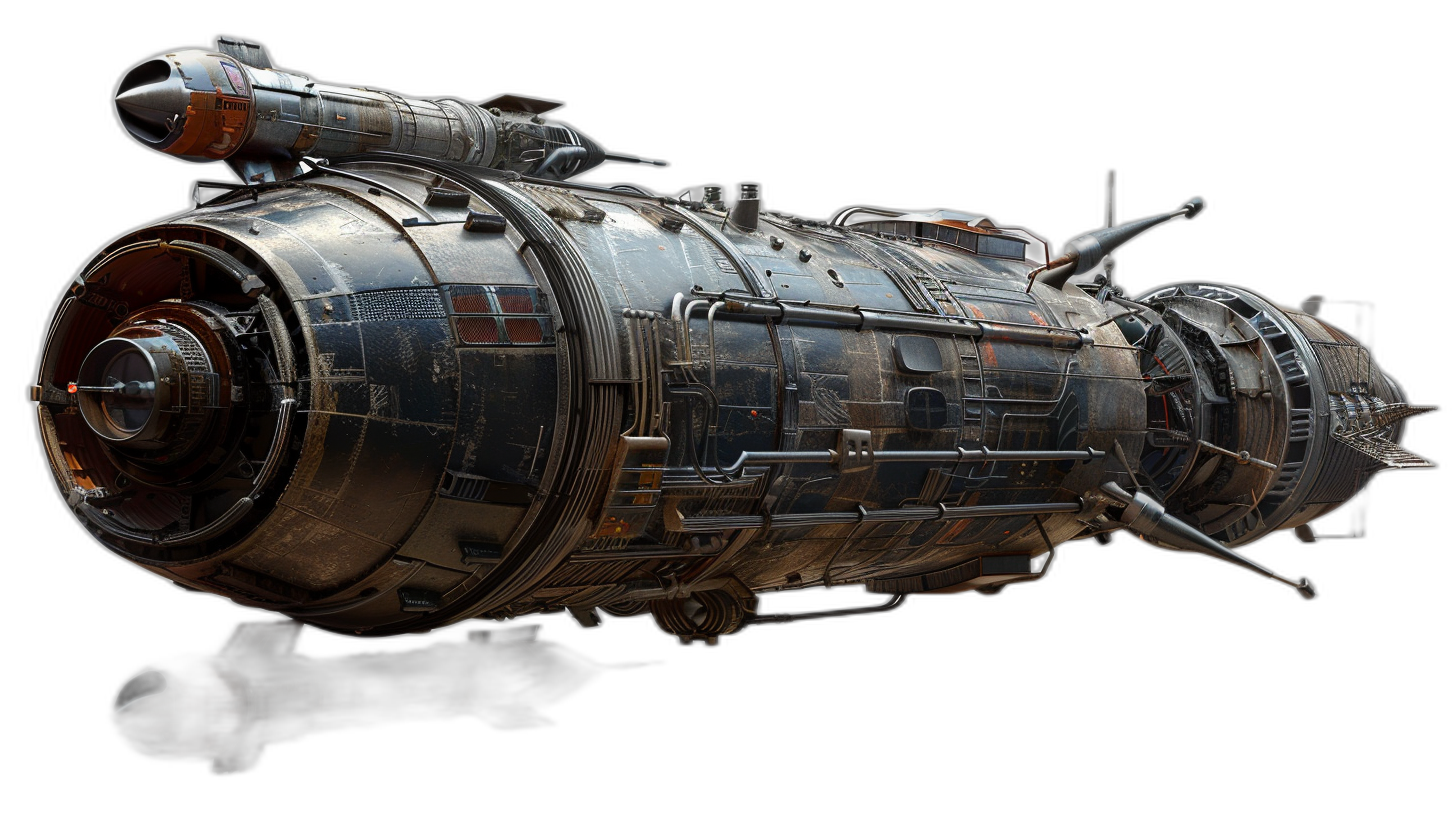 A spaceship engine in the style of detailed concept art, in the style of game of thrones, metal exterior with some rust and scratches on a black background in a side view.