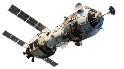 A Russian space station in orbit, isolated on a black background with a clipping path, in the style of focus stacking, with high contrast, in the style of hyper realistic photography.