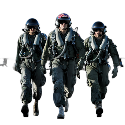 Three jet fighter pilots, one of them being the captain, and the two others in their flight suits with helmets on, walking towards the camera against an isolated black background, in the style of hyper realistic photography.