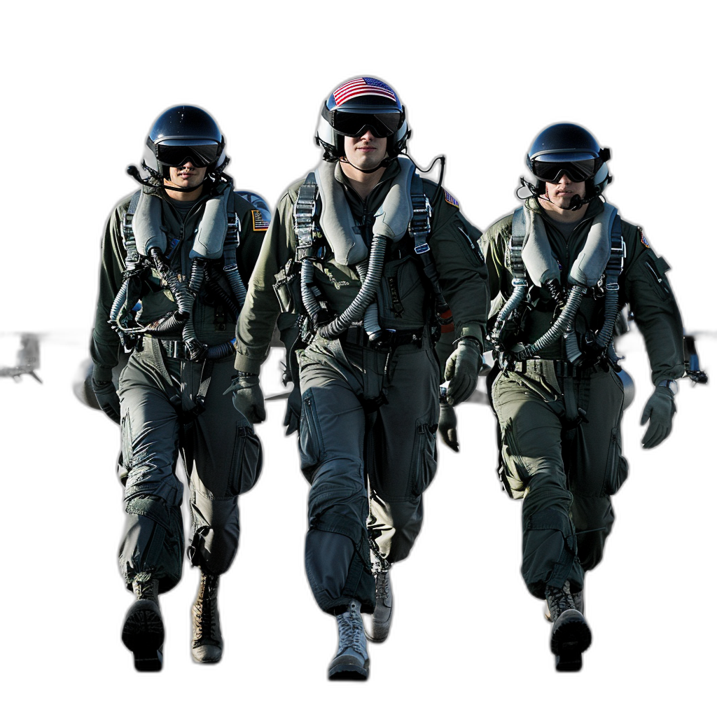 Three jet fighter pilots, one of them being the captain, and the two others in their flight suits with helmets on, walking towards the camera against an isolated black background, in the style of hyper realistic photography.