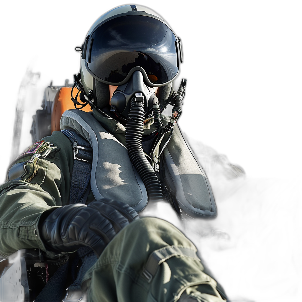 A fighter jet pilot wearing a helmet and flight suit sitting in the cockpit, against a black background, in the style of professional photography, with professional color grading.