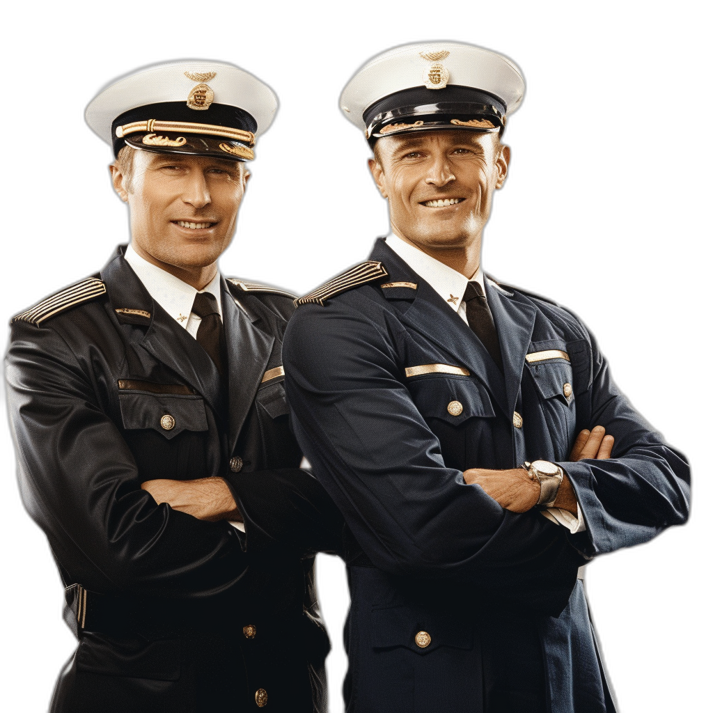 Two smiling male navy officers in uniform, full body portrait, isolated on a black background, 3D realistic detailed photography style in the style of raw.