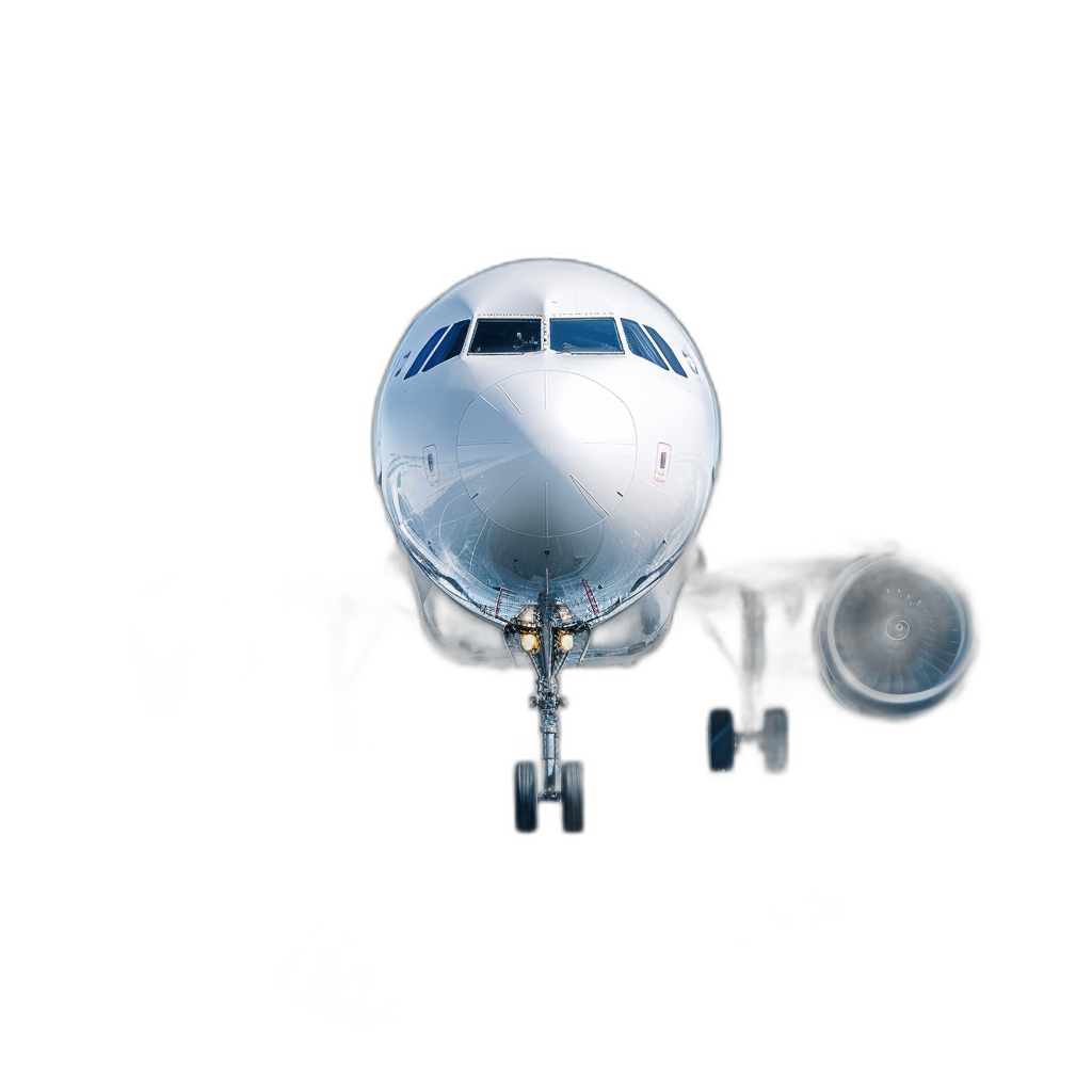 A completely white airplane, facing towards you with the front illuminated in the style of studio lighting against a black background. The camera angle should be from above, capturing an overhead view of the aircraft.