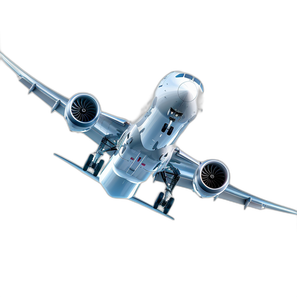 A white plane with engines and wings flying through the air, 3D rendering, black background, front view, closeup, blue light, mechanical style, high resolution, high detail, high quality, in the style of mechanical.