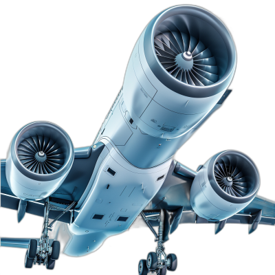 A closeup of the engine on an airplane, isolated against a black background, in the style of hyperrealistic with high detail and sharp focus. The aircraft is flying at low altitude, with its engines fully vibrant, with detailed design.