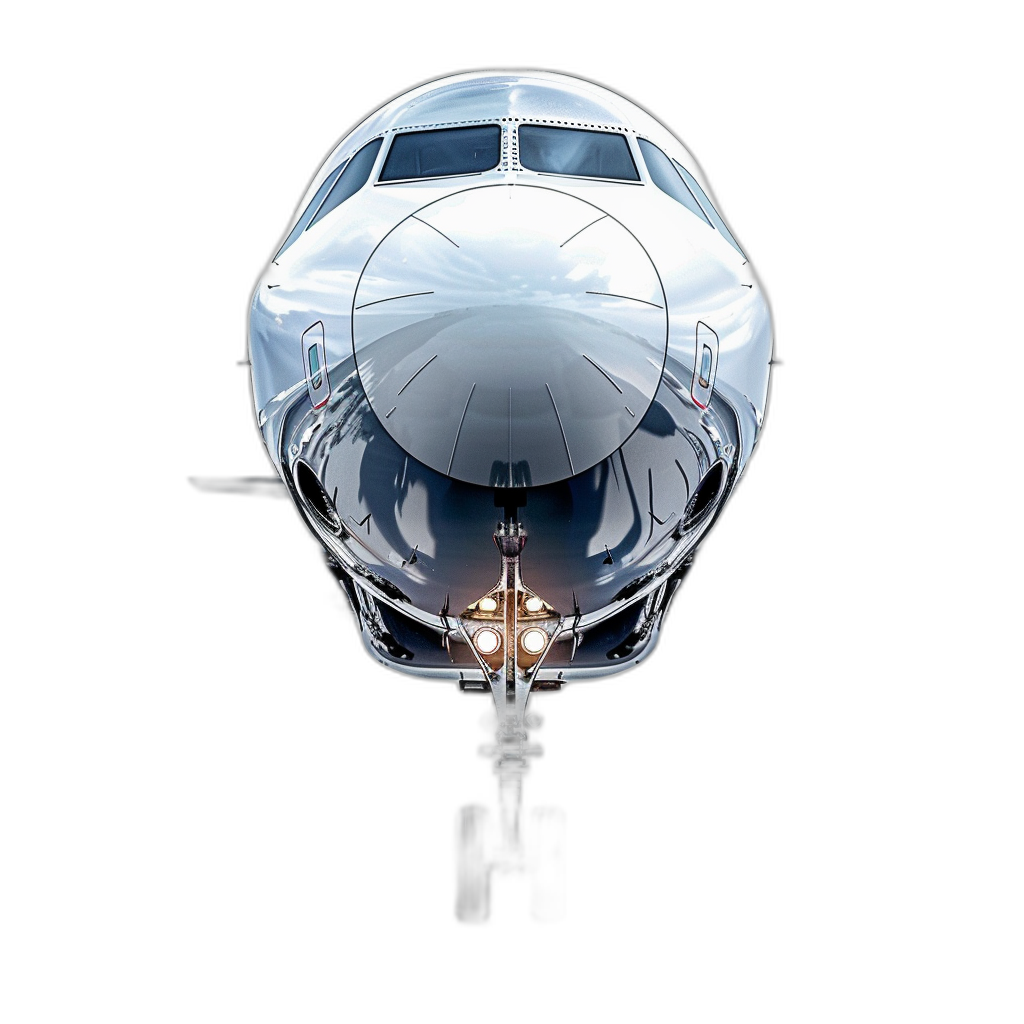 A complete private jet, pure black background, studio lighting, high definition photography, front view of the nose section, closeup, symmetrical composition, minimalist style, white body with chrome metal texture, exquisite details, high resolution, bright colors, high contrast, sharp focus.