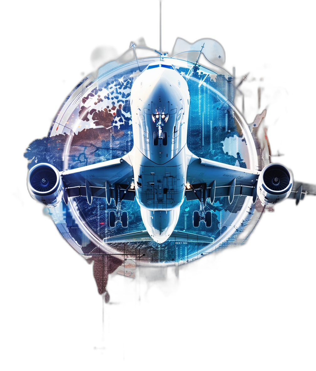 A modern digital illustration of an airplane flying around the globe, symbolizing global travel and cargo air service. The background is black with blue accents for clarity in the design. There are also some futuristic elements such as holograms or glowing tech to emphasize innovation. This depiction conveys speed, technology, luxury travel experience, and business mobile application. It creates depth and visual appeal through shadows and highlights. Black isolated background.