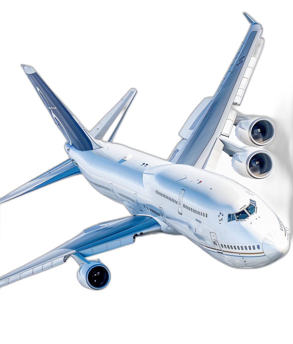 A white and blue boeing airplane flying in the air, vector illustration style, cartoon realism, simple lines, high resolution, black background, 3D model, high detail, high quality, high definition, sharp focus, high contrast, high resolution, high definition, sharp focus, high definition, sharp focus, high definition, sharp focus, high definition, sharp focus, high definition, sharp focus, high defiintion