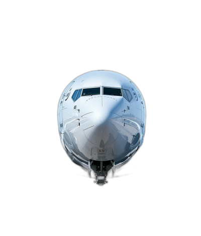 front view of white boeing airplane on black background, fisheye photography, 2K, high resolution