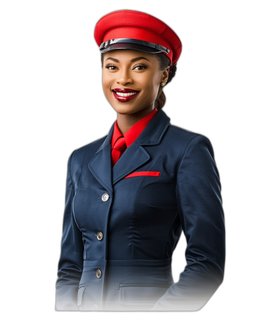 A beautiful black woman smiling in the uniform of an airplane pilot, red hat and blue jacket with white buttons, black background, photo realistic, portrait