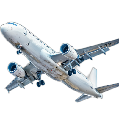 A320, white in color with blue engines on a black background, flying in the air, 4D render in the style of high resolution, hyper realistic, ultra detailed, high definition, high quality, high sharpness, high detail, no blur effect, no gradient shading, no blurring, no reflections, no shadows, no grainy textures, no noise, no grain details, no water droplets on wings, no reflection of windows on plane body, no reflection from lights, no reflections.