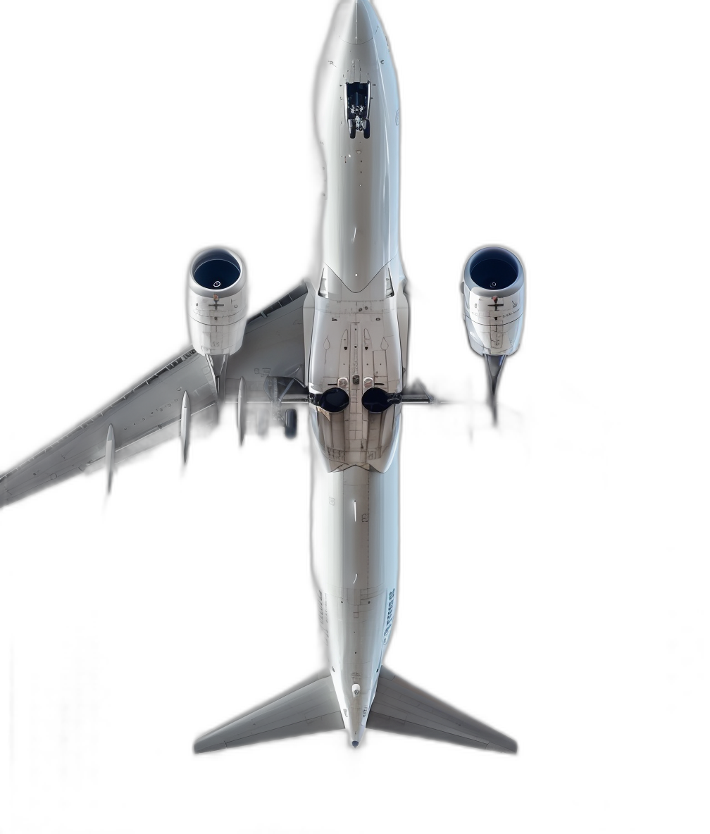 aerial view of an ultra realistic white boeing airplane with two engines, black background, shot from above, cinematic, hyperrealistic